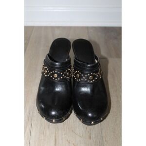 VTG Michael Kors Black Leather Studded Wood Heel Clogs Mules Brazil Women's 7M